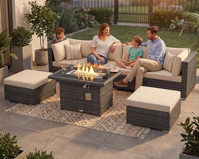 RADIATA 7 Piece Wicker Patio Furniture Set with Fire Pit, All-Weather Outdoor Sectional Couch High Back Large Size, Modular Backyard Seating Sofa Set with Propane/Natural Gas Firepit Table, Light Grey