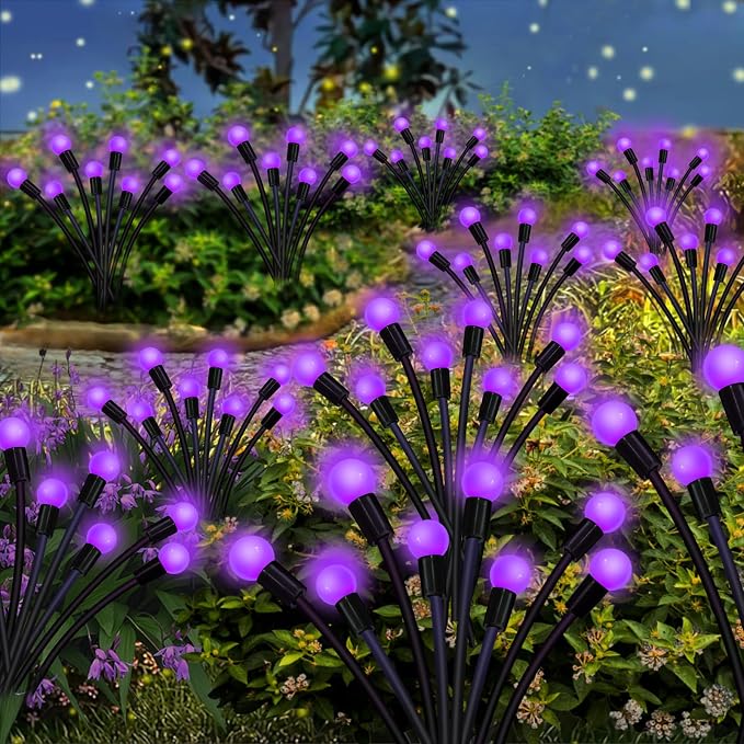 Kohlrabi Solar Garden Lights Outdoor, 4 Pack 32 LED Solar Purple Firefly Lights Waterproof, Sway by Wind, Halloween Swaying Light for Yard Patio Backyard Garden Planter Flower Bed Pathway Decoration