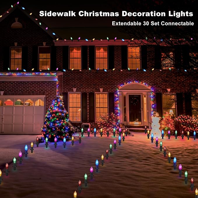 TIORIY C9 LED Christmas Pathway Lights Outdoor, 24.2ft Multicolored LED Christmas Light with Stakes, Connectable 30 Sets Xmas Decoration Light Outside, Walkway String Light
