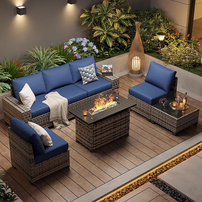 Aoxun Outdoor Patio Furniture Set with 44'' Fire Pit Table, 7 Pcs Outdoor Patio Furniture Sets with 4in Thicken Cushion, Widen Armrests Wicker Outdoor Sectional for Backyard, Navy Blue