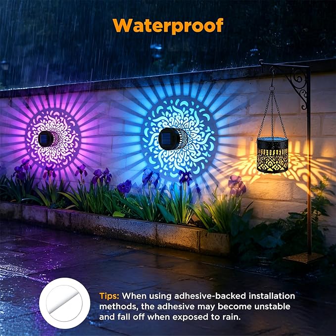 2 Pack Solar Fence Lights Outdoor, Metal Solar Powered Wall Deck Step Light | Mandala Theme, Hanging LED Waterproof Decorative Lighting for Garden Patio Backyard Post Decor, 7 Colors