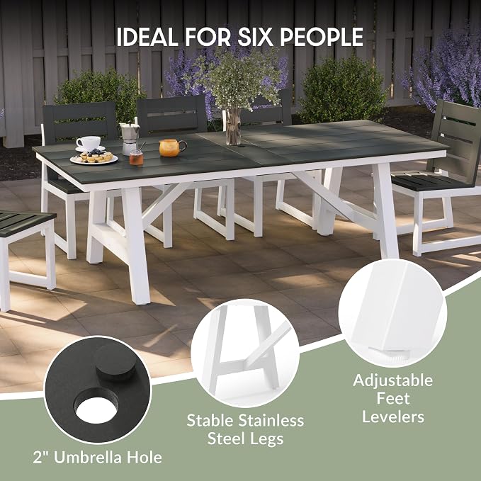 WestinTrends Cape May 90" HDPE Rectangle Outdoor Patio Dining Table with Umbrella Hole and Metal Frame, Gray
