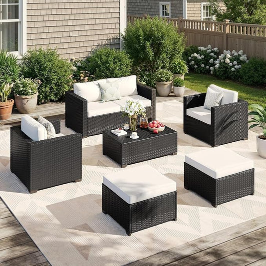LazySunsets 6-Piece Outdoor Patio Furniture Set, Rattan Outdoor Sectional with Thick Waterproof Cushions, Wicker Ottomans & Waterproof Cover, Patio Conversation Set for Garden, Backyard, Beige
