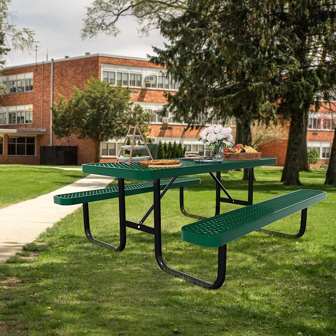 Picnic Tables for Outdoors,Commercial Metal Picnic Table Bench Set with Umbrella Hole,School Canteen Tables W/Seats - Heavy Duty Sturdy Picnic Tables Furniture for Patio Garden (Green, 6FT)