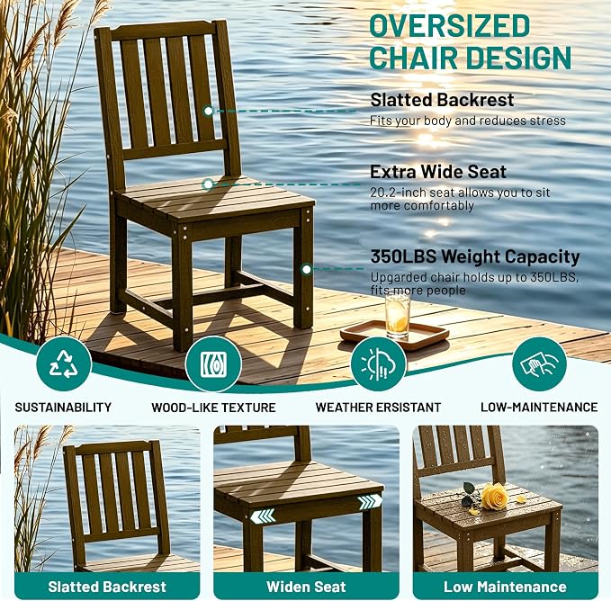 PLUUV 7-Piece Outdoor Dining Set – HDPE Patio Furniture with Umbrella Hole Table, Aluminum Legs, and 6 Armless Chairs, Weatherproof & Easy-Clean for Backyard, Garden, Brown