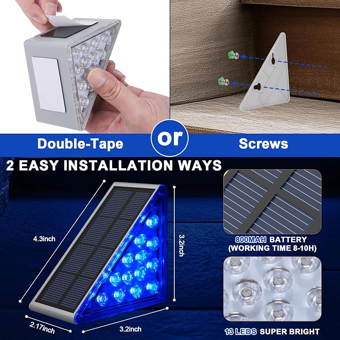 AUDLES 6 Pack Solar Stair Lights, Outdoor Step Lights with Waterproof IP67, Blue Color LED Solar Light for Outside Light Decor for Stair, Deck, Front Step, Front Porch, Patio and Backyard