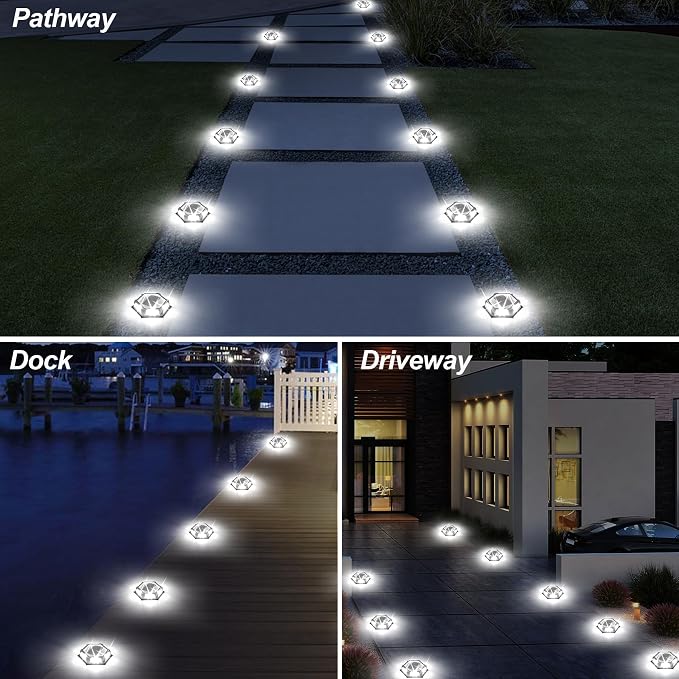 Solar Dock Lights Driveway Deck Lights - 24 Packs Waterproof Outdoor LED Aluminum Dock Lighting Warning Step Light for Driveway Sidewalk Garden Pathway Yard (White)