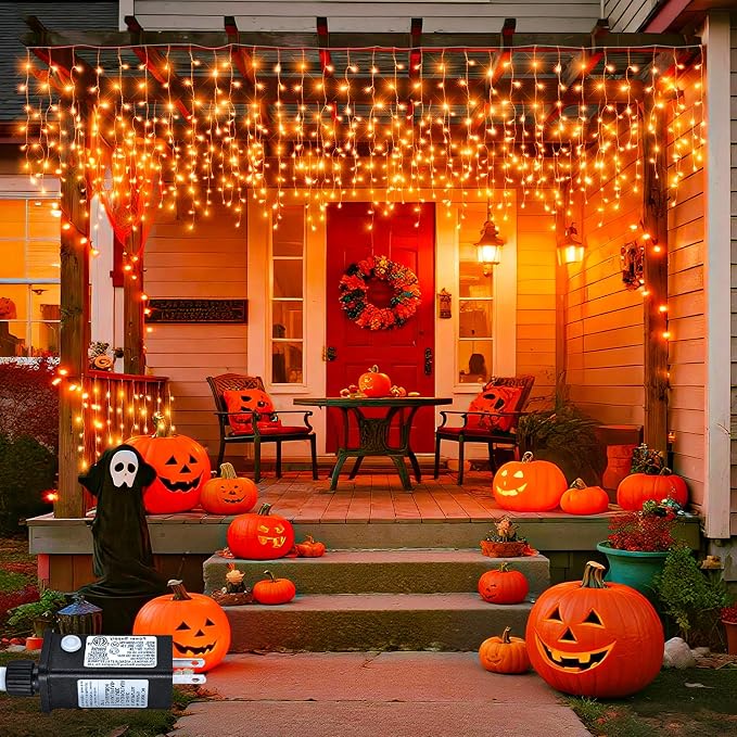 66ft Orange Halloween Lights Outdoor, 640LED Icicle Lights for Outside Indoor Twinkle Christmas Light with Connectable Clear Wire 8 Modes Timer Waterproof for House Party Tree Holiday Yard Patio Decor