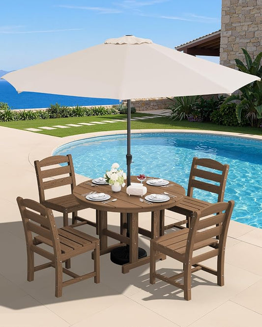 SERWALL 6-Piece Patio Dining Sets, HDPE Outdoor Table and Chairs Furniture Set with Umbrella, 45" Round Dining Table & 4 Armless Dining Chairs & 1 9FT Umbrella, Brown(Not Include Umbrella Base)