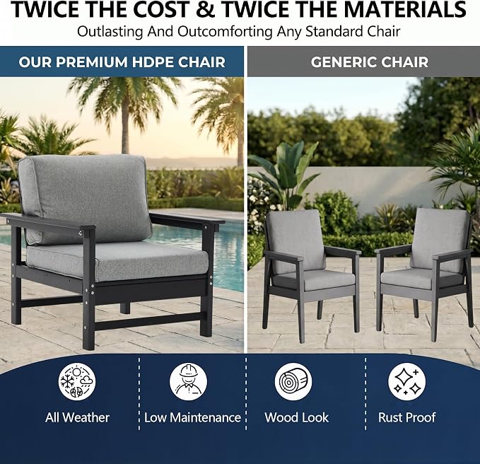 Outdoor Patio Furniture Set, Modular HDPE Conversation Set with 3-Seater Sofa, Loveseat, Armchairs & Large Coffee Table, All-Weather Patio Seating with Cushions