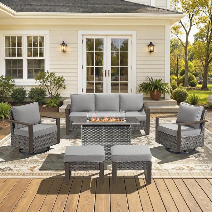 Patio Furniture Set with Fire Pit Table, 6-Piece Outdoor Wicker Sofa and Swivel Chairs, All-Weather Conversation Set for Backyard, Deck and Poolside, Grey/Grey