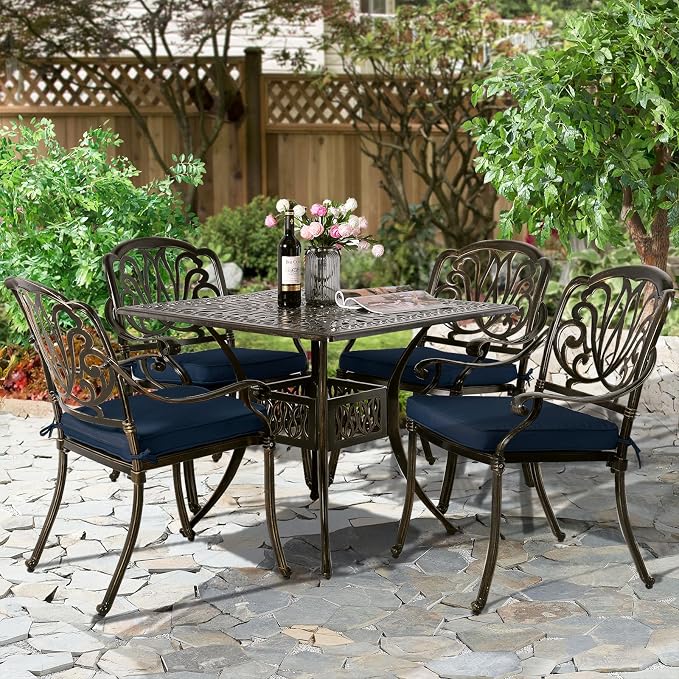 5-Piece Outdoor Patio Dining Set, All-Weather Cast Aluminum Patio Furniture Set for Backyard Garden Deck with 4 Chairs, 4 Cushions and 35.4” Square Table, 2.2" Umbrella Hole, Navy
