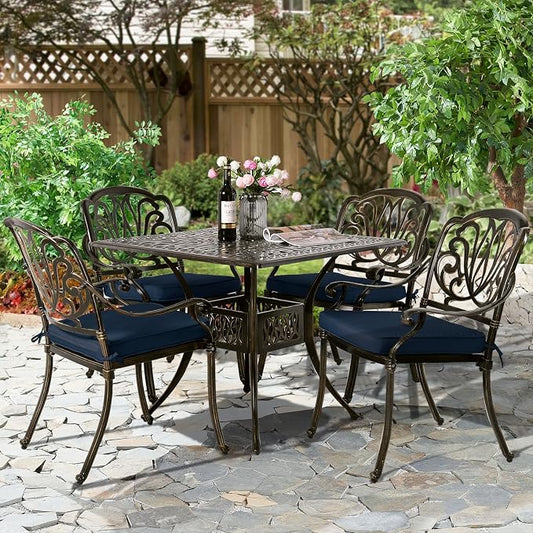 5-Piece Outdoor Patio Dining Set, All-Weather Cast Aluminum Patio Furniture Set for Backyard Garden Deck with 4 Chairs, 4 Cushions and 35.4” Square Table, 2.2" Umbrella Hole, Navy