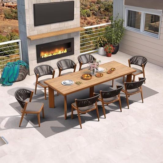 PURPLE LEAF 8-Piece Patio Dining Set Outdoor Furniture Rectangular Table and Chairs Set with Aluminum Frame and Teak-Finish for Garden Deck Backyard Kitchen Deep Teak Outdoor Set