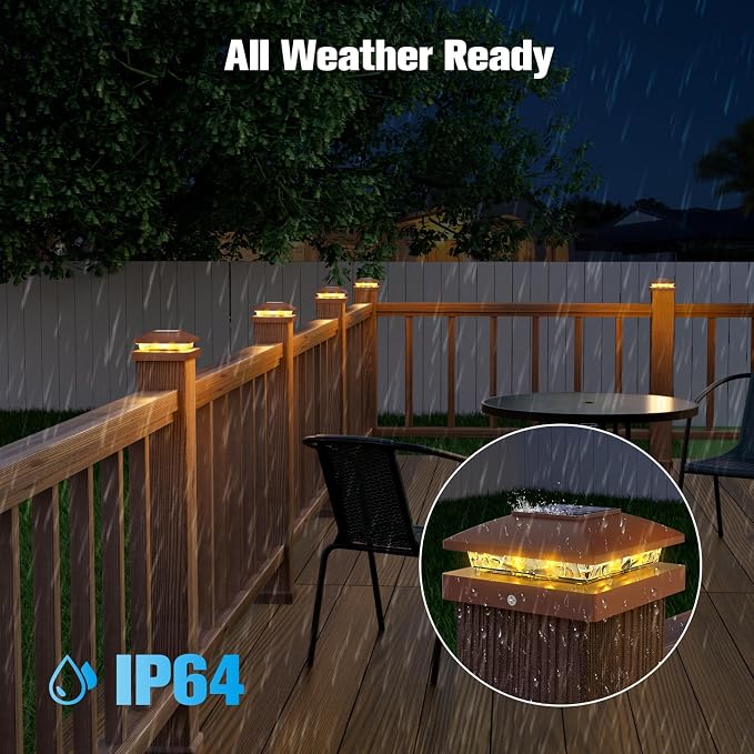 VOLISUN 24 Pack Brown Solar Post Cap Lights Fit 4x4 Fence Deck Post | Waterproof outdoor lighting, warm white glow, fits wooden & vinyl 4x4 posts, solar powered for yard patio fence deck