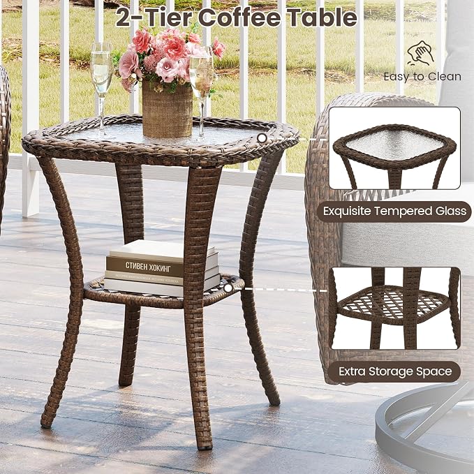 ORALNER 3 Pieces Wicker 360° Swivel Rocker Set Patio Furniture, Rocking Chairs with Cushions, Tempered Glass Coffee Table, Outdoor Rattan Bistro Set for Balcony Front Porch Deck Poolside (Gray)