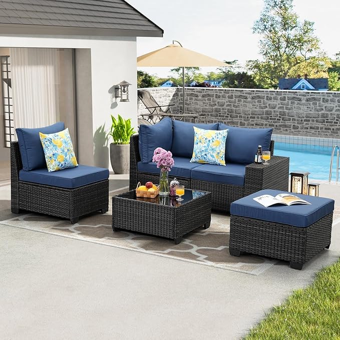 5 Pieces Patio Furniture Set, Wicker Outdoor Conversation Sets with Tea Table, Rattan Patio Sofa with Thick Cushions for Garden, Backyard Porch, Poolside, Patry, Navy