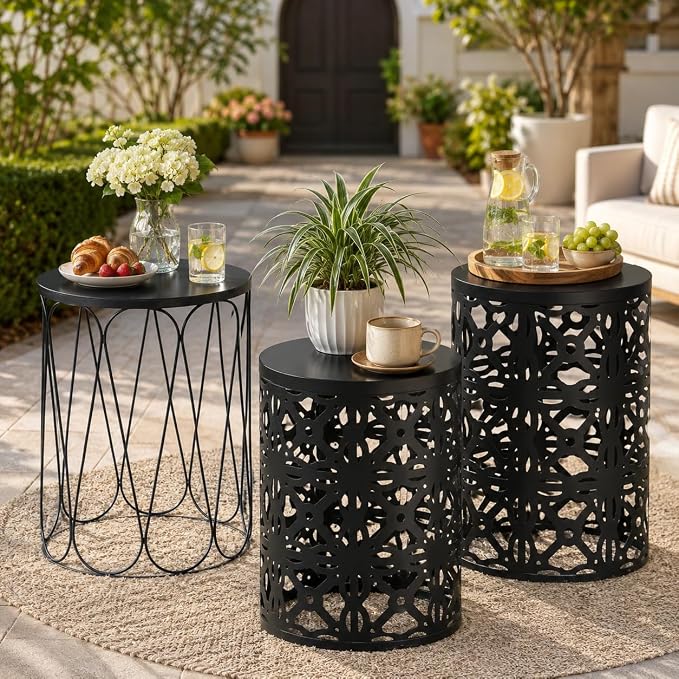 Y&M Set of 3 Stacking Coffee Table for Living Room, Patio Side Table,Indoor End Tables for Bedroom, Outdoor Decorative Garden Stool with Heavy Duty Metal Frame Modern Industrial Decor - Black