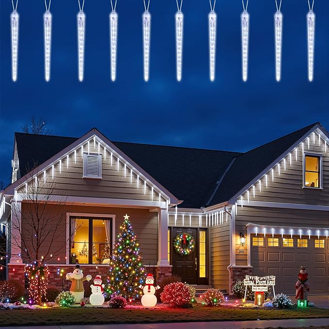 Christmas Icicle Lights Outdoor, 10Ft Meteor Shower Lights with 10 Ice Shaped Tube, Snowfall Shooting Star Light Effect, Falling Crystal Christmas Decorations for House Eave Roofline, Cool White