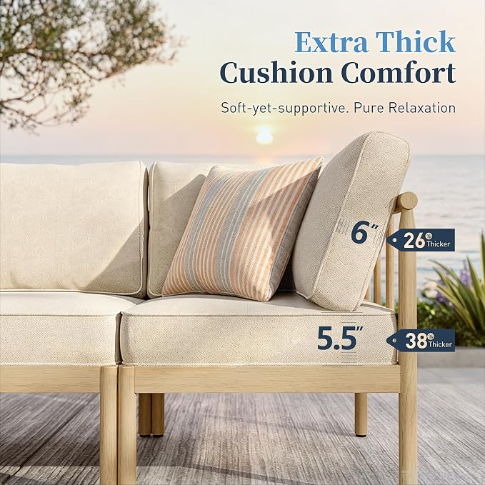SUNSHINE VALLEY Patio Furniture,Acacia Wood Outdoor Sectional Sofa with 5.5" Ultra-Thick Cushions, L Shaped Modular Patio Conversation Set,Lawn Garden Backyard Couch Set with Nesting Tables,Beige