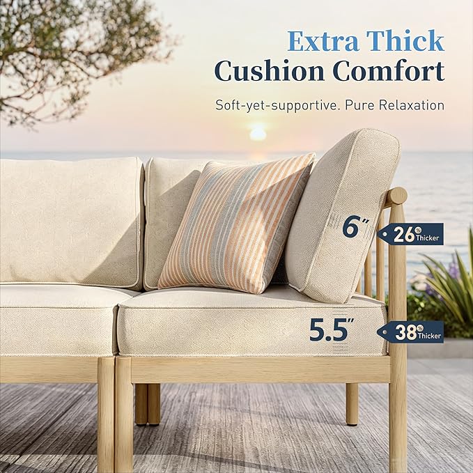 SUNSHINE VALLEY Patio Furniture,Acacia Wood Outdoor Sectional Sofa with 5.5" Ultra-Thick Cushions,Patio Conversation Set,Lawn Garden Backyard Couch Set with Nesting Tables,Beige