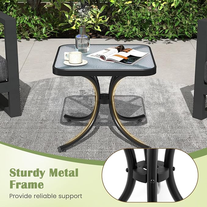 Giantex Small Outdoor Side Table with Tempered Glass Top Set of 2, Heavy-Duty Metal Frame, 110 Lbs Capacity, Square Patio Table for Balcony, Porch, Backyard, Deck, Black