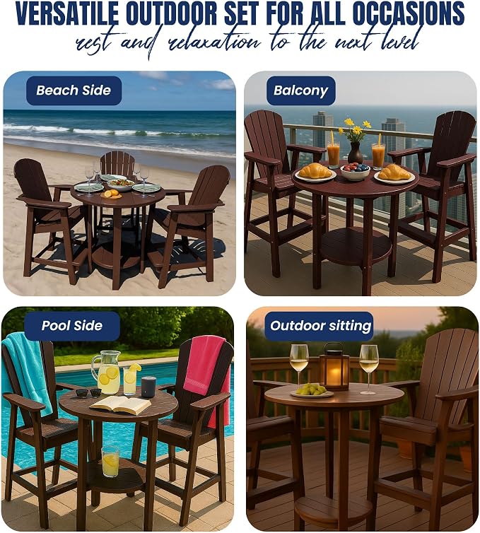Phat Tommy Round Bar Height Patio Table - Outdoor Bar Table - Balcony Height Patio Furniture for Your Deck - Poly Outdoor Furniture, Brown