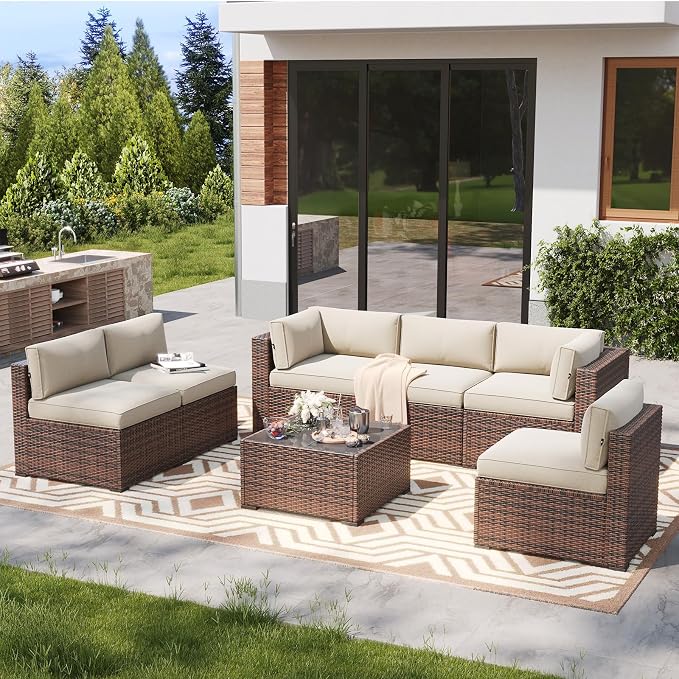 LazySunsets 7 Piece Outdoor Patio Furniture Set with Coffee Table, Outdoor Patio Furniture Sets with Thicken Cushion, Wicker Rattan Outdoor Conversation Set for Backyard & Garden, Beige