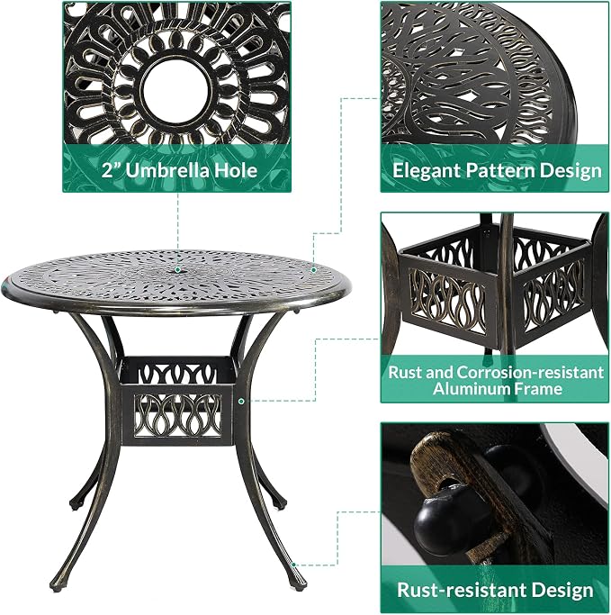 VIVIJASON 3-Piece Outdoor Patio Bistro Set, All-Weather Cast Aluminum Furniture Dining Sets Include 2 Chairs and 35.4" Round Table w/Umbrella Hole for Balcony, Lawn, Garden, Backyard