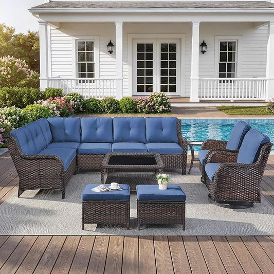 Belord 8 Piece Wicker Patio Furniture Set, Outdoor Swivel Rocker Chairs Set of 2 with Ottomans and Sectional Couch, All Weather Patio Conversation Furniture Set, for Pool,Yard Brown Wicker/Blue