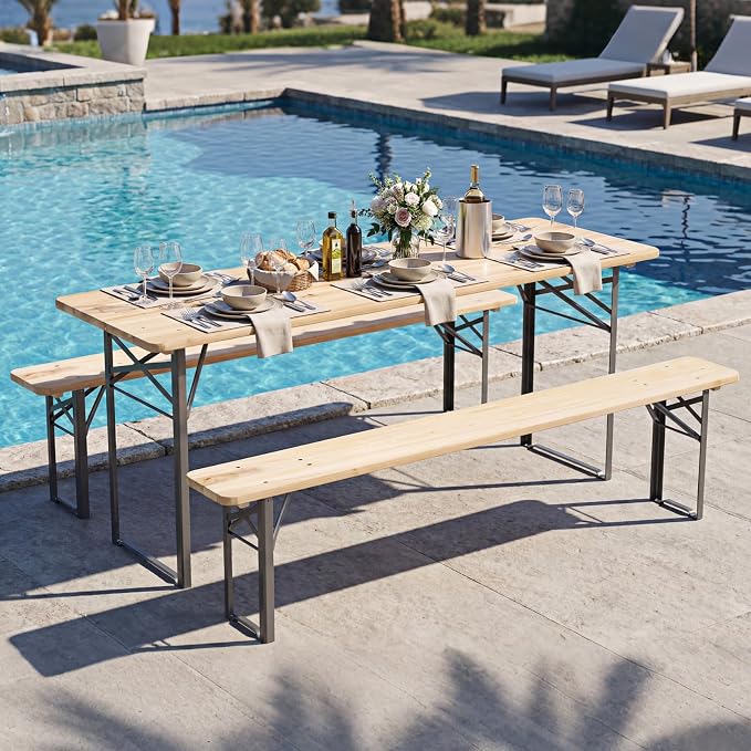 Byroce Folding Picnic Table Set with Benches, 70” Fir Wood Beer Table Set, Outdoor Dining Table with Heavy-Duty Metal Frame, Foldable Picnic Table for Patio, Garden, Backyard, BBQ & Parties (70")