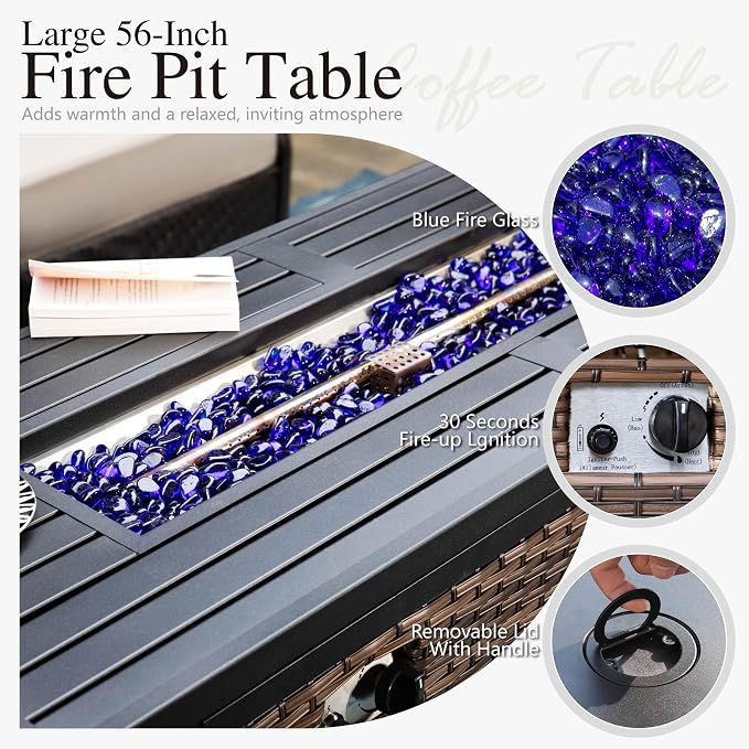 Sophia & William Patio Furniture Set with Fire Pit Table, 4 PCS Metal Outdoor Conversation Set with Fire Pit Table, 2 Swivel Chairs,3-Seater Couch for Outdoor Seating, Backyard, Porch(Blue)