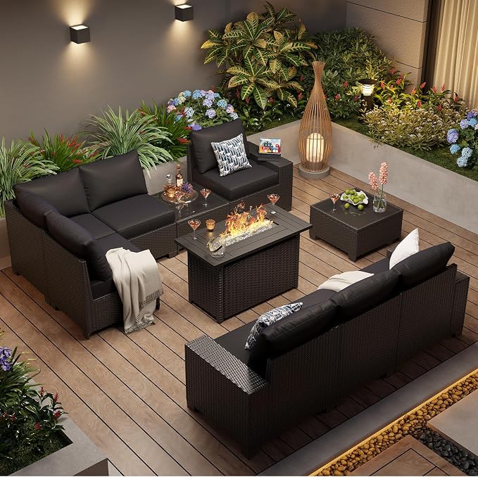 Aoxun 10-Piece Sectional Sofa with 44" Fire Pit, 4" Thicken Cushion, Widen Armrests Wicker for Backyard with Coffee Table, Black
