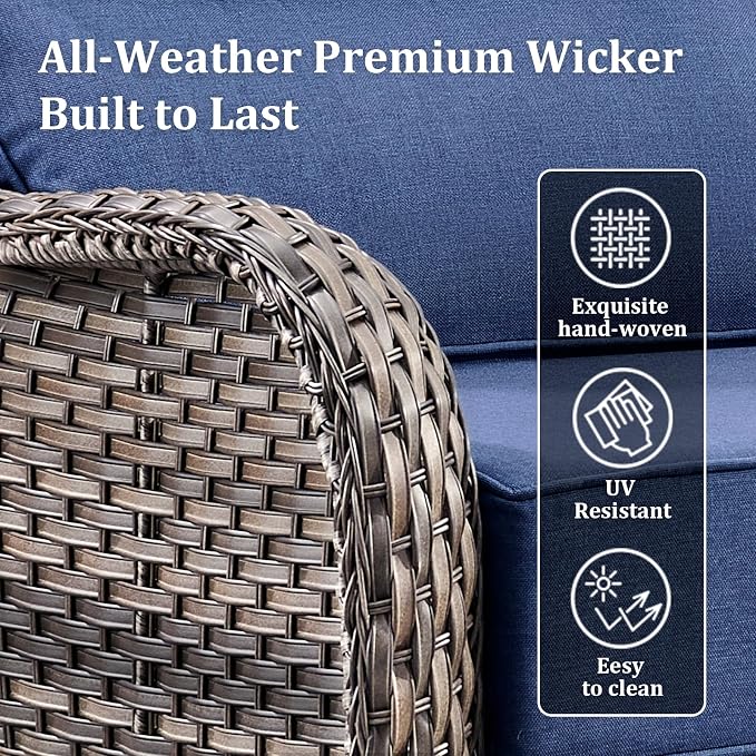Luxury Patio Furniture Set with 42.5" Fire Pit Table, 8 Pieces High Back All Weather Wicker Outdoor Furniture w/ 6-Inch Thick Cushions, Patio Swivel Chairs Couch for Deck Balcony Backyard Grey/Blue