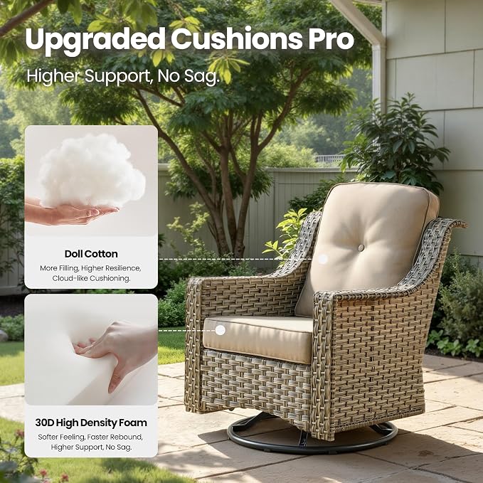 6 Piece Patio Furniture Set with Swivel Rocker Chairs, Outdoor Wicker High Back Sofa Glider Chair Ottoman with Cushion, All Weather Conversation Sets for Backyard Poolside Deck Beige