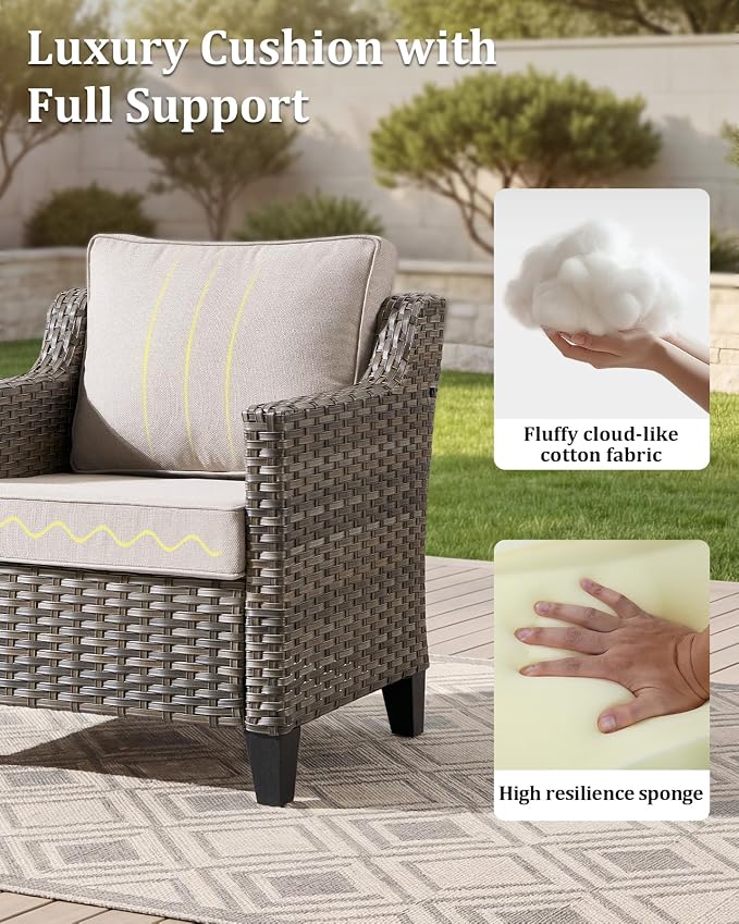 Outdoor Furniture Set of 9, Patio Furniture Set with 4 Wicker Swivel Rocker Chairs, 2 Ottomans, 2 Side Table and Sofa, High Back&Deep Seat for Garden Deck Porch Balcony Backyard - Beige
