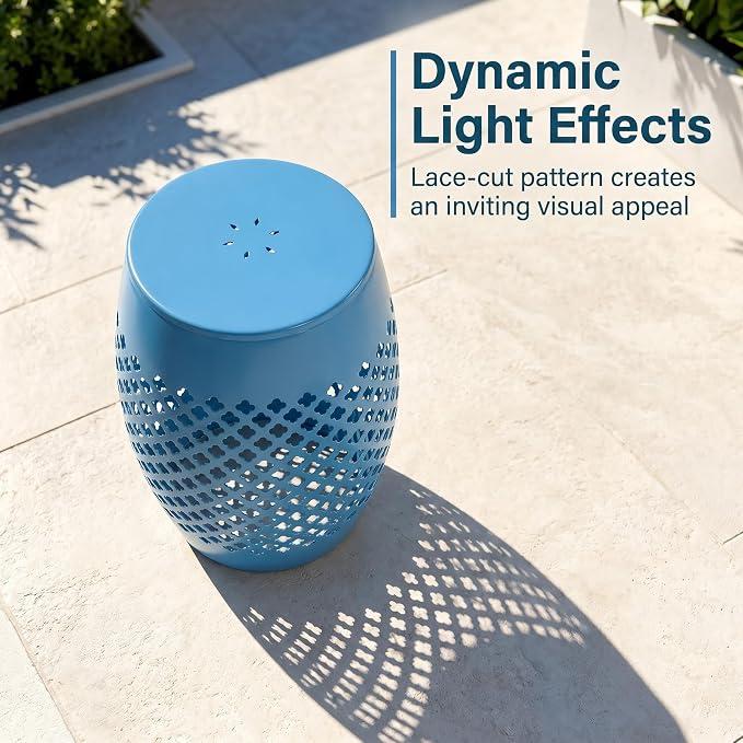 12" Outdoor Side Table, Metal Cutout Drum Side Table, Patio Garden Stool | Coffee End Tables for Small Spaces, Living Room, Backyard, Poolside