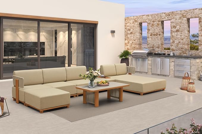 PURPLE LEAF Patio Furniture Set Modular U-Shaped Outdoor Sectional Sofa with 11" Thick Cushion 7-Piece Outdoor Conversation Set w/Daybed & Coffee Lights for Poolside Ottomans & Table Included, Beige