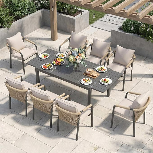 SUNSITT 9 Piece Outdoor Patio Dining Set, 59" - 83" Aluminum Expandable Outdoor Dining Table and 8 Woven Wicker Patio Chairs w/Curved Backrest for Garden, Dark Grey