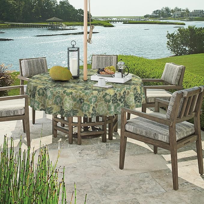 DYTXIII Outdoor Round Tablecloth with Umbrella Hole 60 Inch, Water Repellent & Fade Resistant Table Cover, All Weather Outdoor Tablecloth for Garden & Party Table, Green Rose