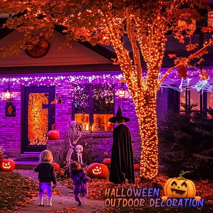 JMEXSUSS 168ft 600 LED Halloween Decor Lights Outdoor Clear Wire | Orange Purple String Lights Indoor Plug in, Halloween Lights for Tree Porch Garden Patio Car Party Yard Decorations, Remote