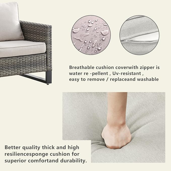 Rilyson Luxury Wicker Outdoor Patio Furniture Set of 5-5 Piece Patio Conversation Set with Ottoman*2, Wicker Chairs*2, Metal Side Table*1 for Outside Porch Deck Backyard Garden(Mixed Grey/Beige)