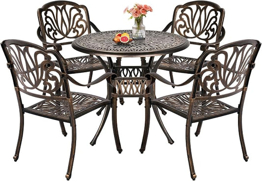 TITIMO 5-Piece Cast Aluminum Outdoor Patio Dining Set, 4 Pattern Chairs and 35.4" Round Table,Cast Aluminum Conversation Set with 2.2” Umbrella Hole (Without Cushions, 1 Round Table + 4 Chairs)
