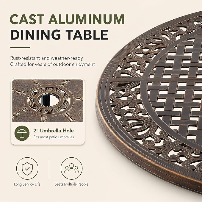 7 Piece Outdoor Dining Set Cast Aluminum, Retro Patio Dining Furniture Set for 6 Includes 54’’ Round Table 6 Chairs with Thicker Cushion and Umbrella Hole for Patio Deck Garden