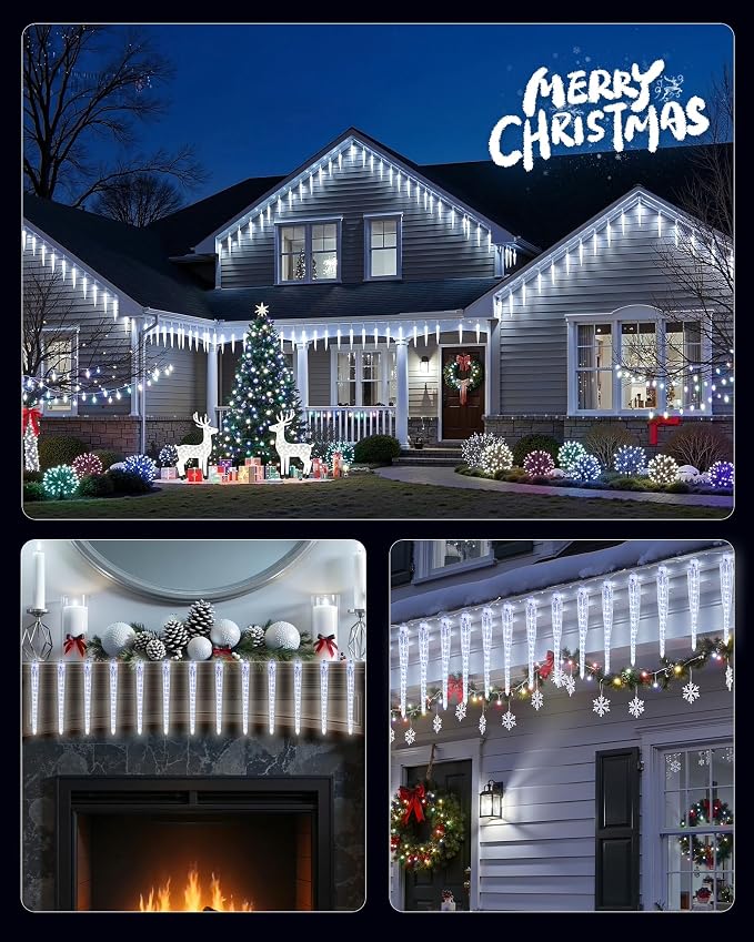Brightown Christmas Icicle Lights Outdoor, 20ft Meteor Shower Lights with 20 Large Tube 480 LED Dropping Effect, Waterproof Icicle Indoor for Tree Patio Roof Holiday Decor, Cool White
