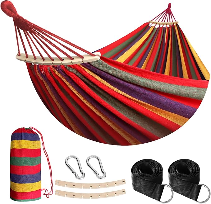 ANYOO Portable Camping Hammock Cotton Hammocks with Spreader Bar Outdoor | Sturdy Lightweight Hammocks Up to 450lbs with Carry Bag
