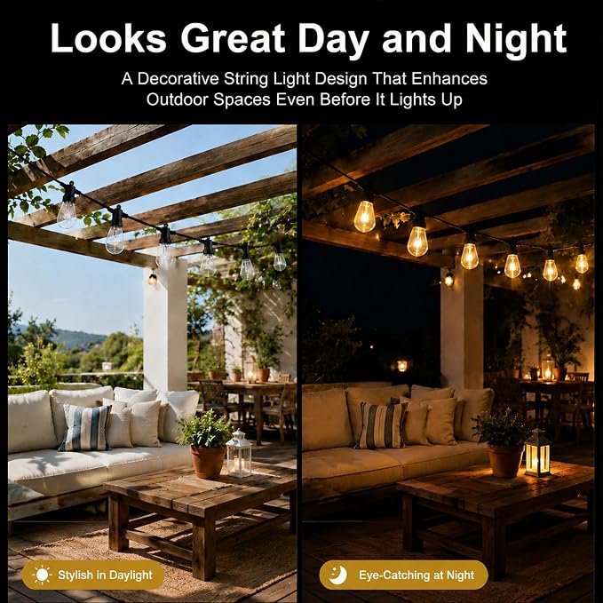 Outdoor String Lights 27FT, RGBW Patio Lights with App & Remote Control | 10 ST14 bulbs, RGBW color modes, app control, remote control, music mode, timer, patio decor