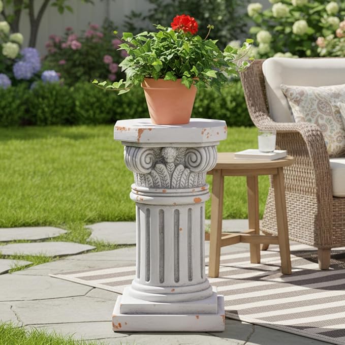 Merax 18.50" H Ionic Pedestal Plant Stand, MGO Decorative Pedestal Side Table for Indoor Outdoor Entryway Garden Home, Antique White, No Assembly Needed