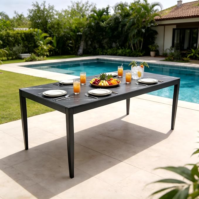 Outdoor Aluminum Marble Dining Table for 6-8, 71” Luxury Patio Table with Black Sintered Stone Top, Post Tapered Legs for Garden, Lawn, Weatherproof & Rust-Free