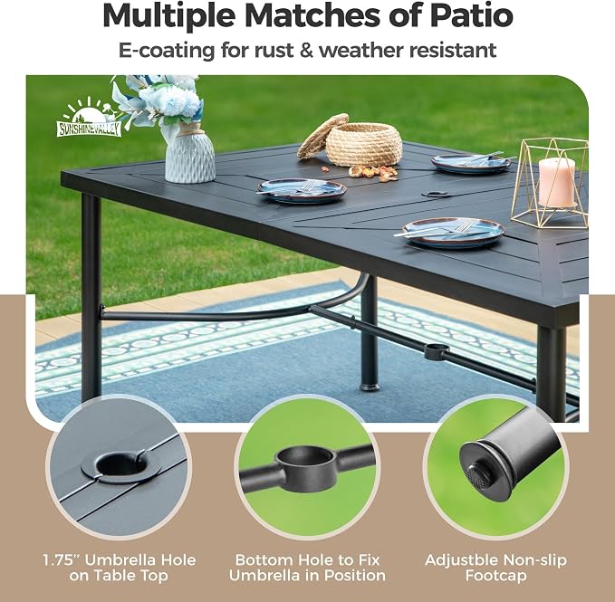 SUNSHINE VALLEY 7 Pcs Patio Dining Set for 6, Rectangular Metal Dining Table with Umbrella Hole and 6 Chairs, Outdoor Table and Chairs Set for Lawn Garden Backyard and Deck, Blue